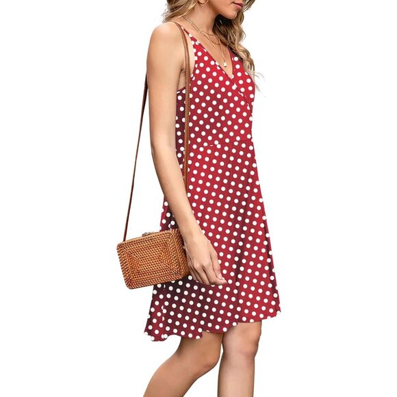 Women's White Dot Red V Neck Spaghetti Strap Flowy Mini Dress with Pockets - Picture 2 of 5